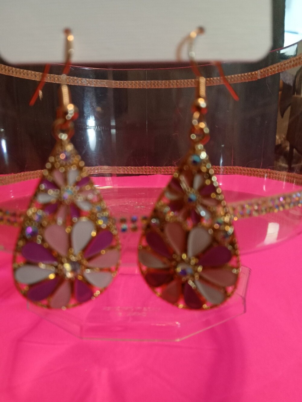 Gold Teardrop Floral Dangle Earrings in Pink and Purple